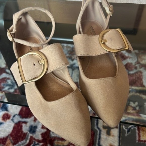 Christian Siriano Women’s Tan Suede Ankle Tie Wrap ,golden buckle 6.5/36 - Picture 2 of 6